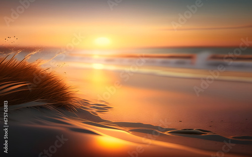 beach at sunset with warm light blurred