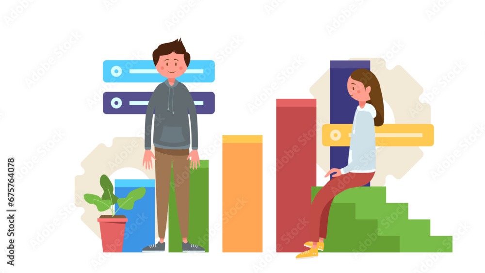 Two people are standing in front of business file and diagram report Two people are standing in front of business file and diagram report