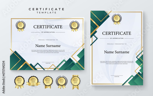 Green and gold certificate of appreciation border template with luxury badge and modern line and shapes