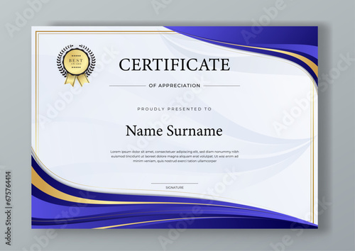 Blue and gold modern certificate template for corporate, achievement, diploma, award, graduation, completion, appreciation, acknowledgement, recognition etc