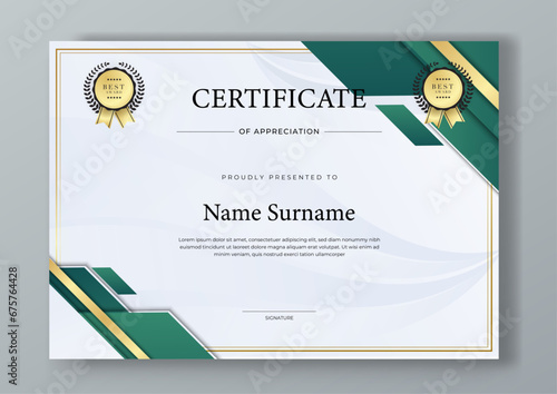 Green and gold certificate modern elegant for appreciation, achievement, awards diploma, corporate