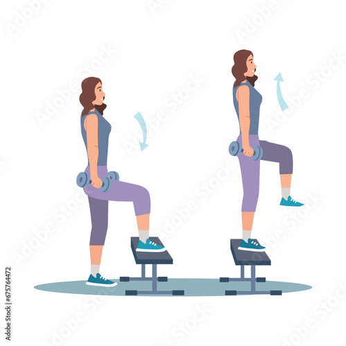 Concept Women's workout in the flat cartoon design. A girl in training in the gym performs exercises to pump up her legs. Vector illustration.