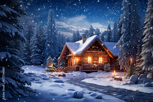 picture of a cozy cabin surrounded by snow photo