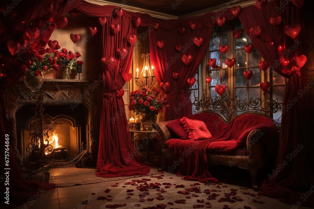 Obraz premium Romantic evening in the interior of a room with a red hearts. Valentine's day concept.