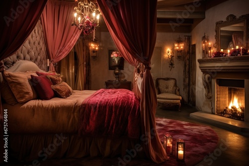 Romantic evening in the interior of a room with a red hearts. Valentine's day concept. © Rudsaphon