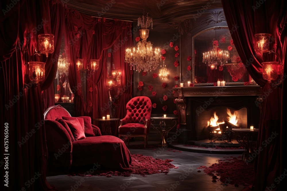 Obraz premium Romantic evening in the interior of a room with a red hearts. Valentine's day concept.