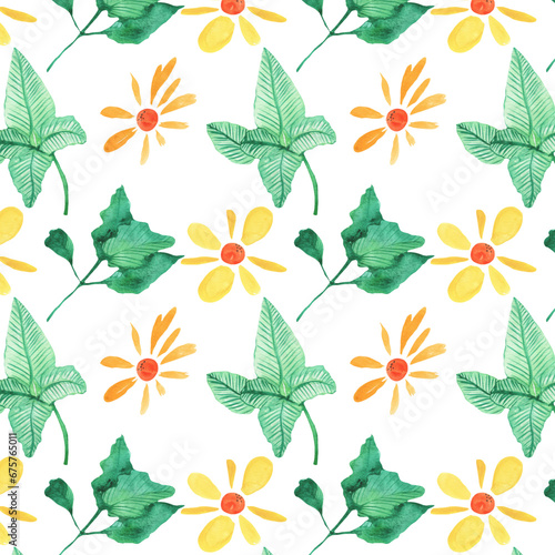 Seamless pattern of elements with spring flowers and leaves. Hand drawn watercolor illustration isolated on white background