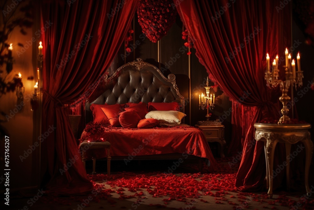 Romantic evening in the interior of a room with a red hearts. Valentine's day concept.