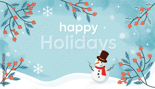 Happy holidays greeting card with lettering cute handwritten vector illustration with snowflakes snowman