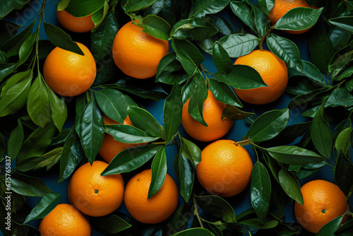 Tangerines with leaves on dark background pattern, christmas and new year concept