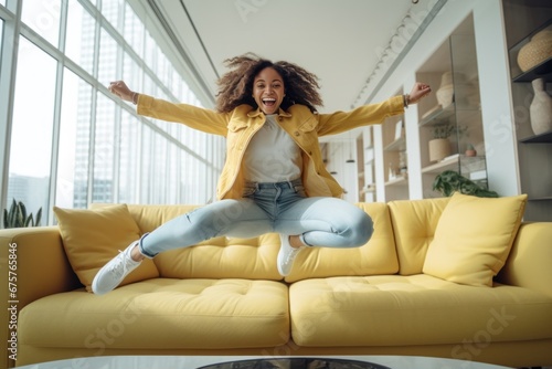 Happy afro american woman jumps on the sofa at home. Smiling girl enjoying day off lying on the couch. Healthy life style, good vibes people and new home concept.