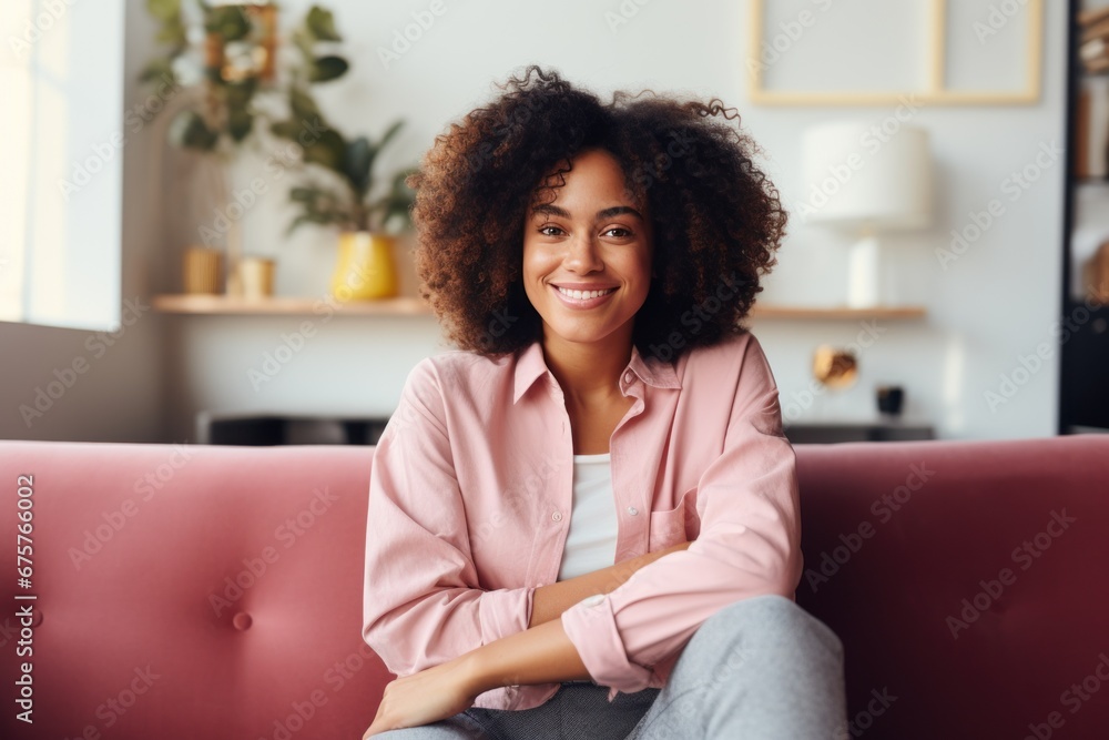 Smiling woman sitting on sofa at home. Single girl in modern living room. Smiling female enjoying day off lying on the couch. Good vibes people and new home concept. Smiling woman sitting on sofa at home. Single girl in modern living room. Smiling female enjoying day off lying on the couch. Good vibes people and new home concept.