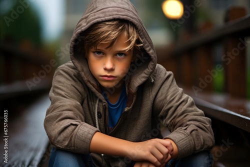 Portrait of a boy in a hood sitting on a bench.
