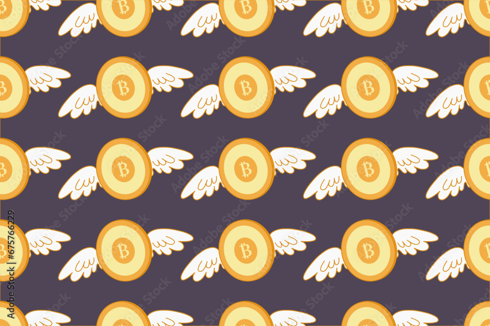 Bitcoin with wings seamless pattern. Background with flying bitcoin. Gold symbols of bitcoin. Template for packing, design, wallpaper, vector illustration.