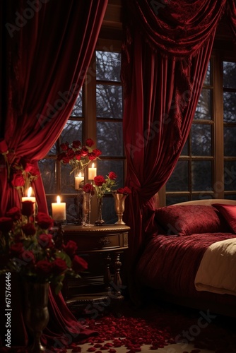 Romantic evening in the interior of a room with a red hearts. Valentine s day concept.