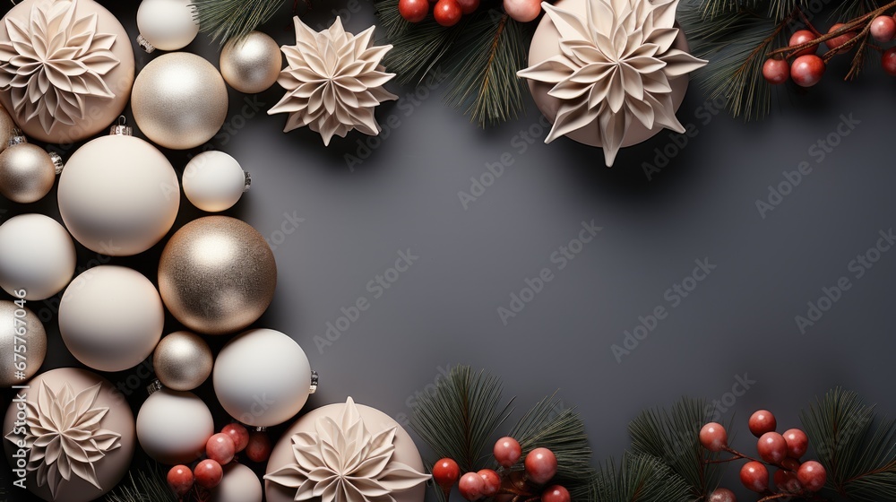 Flat lay of Christmas decorations, gold and white balls, toy cones on isolated black background with empty space Flat lay of Christmas decorations, gold and white balls, toy cones on isolated black background with empty space