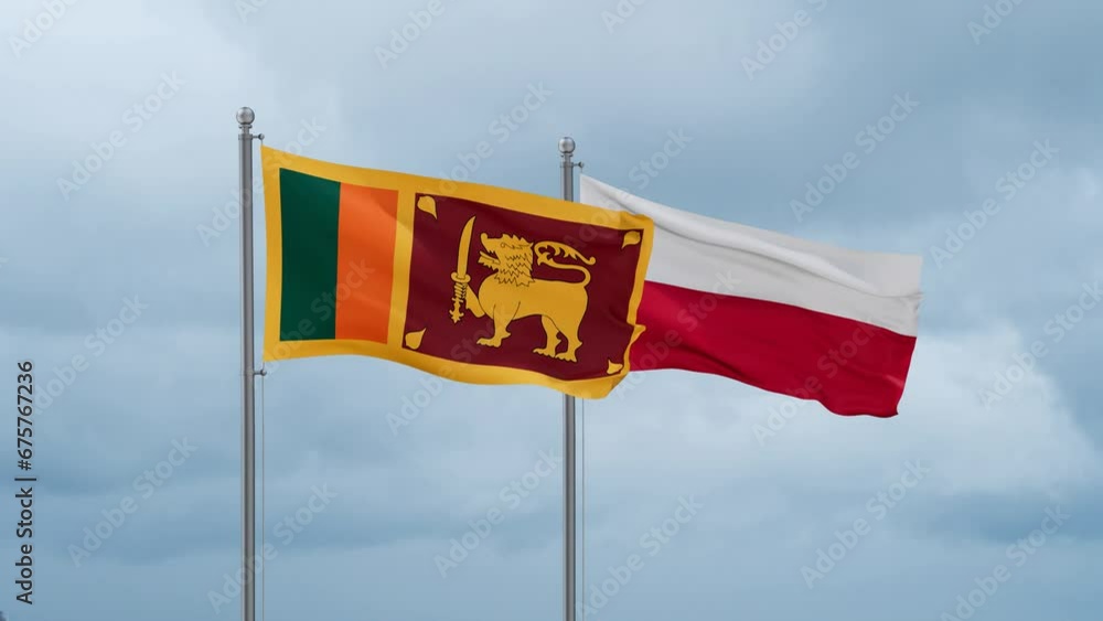 Poland and Sri Lanka flag waving together on cloudy sky, endless seamless loop, two country cooperation concept Poland and Sri Lanka flag waving together on cloudy sky, endless seamless loop, two country cooperation concept