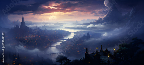 view on night city and clouds Night landscape with sea and mountains under starry sky. Nature outdoor wild sky between heaven and hell god religion scene.AI Generative 