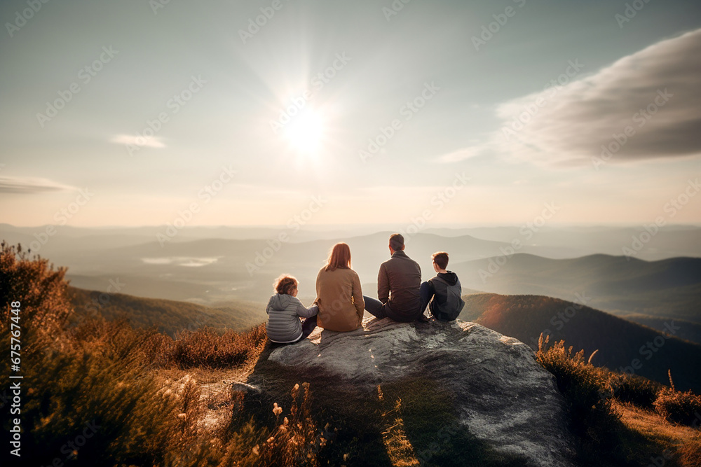 A family sits on a stone high in the mountains and looks into the distance. Mom, dad, children. Family concept, family values. Family recreation in nature. - obrazy, fototapety, plakaty 
