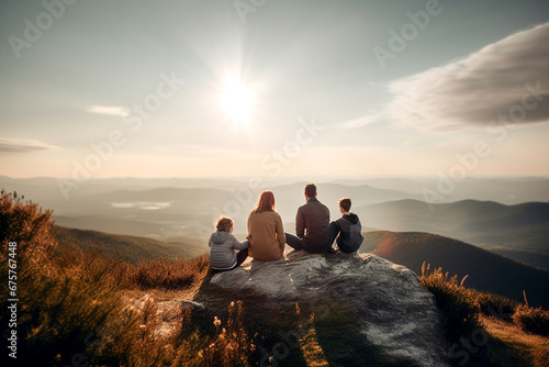 A family sits on a stone high in the mountains and looks into the distance. Mom, dad, children. Family concept, family values. Family recreation in nature.