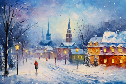 Oil on canvas. Enchanting snowy town. Glowing lights and artistic brushstrokes