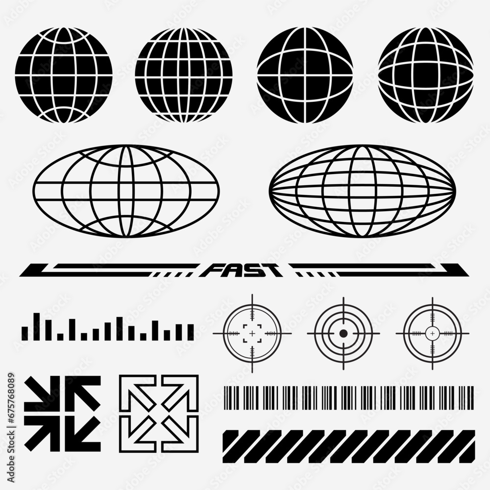 Retro-Futuristic Shapes collection globes, barcode, abstract shape for street wear and y2k fashion design - obrazy, fototapety, plakaty 