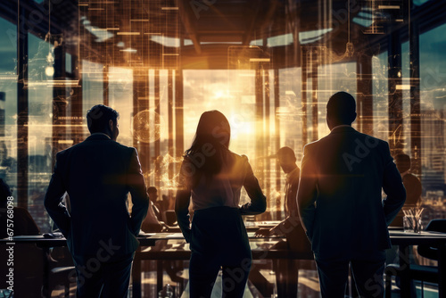 Group of business people silhouettes in modern office building and business network concept. Human resources. group of business people Management strategy photo