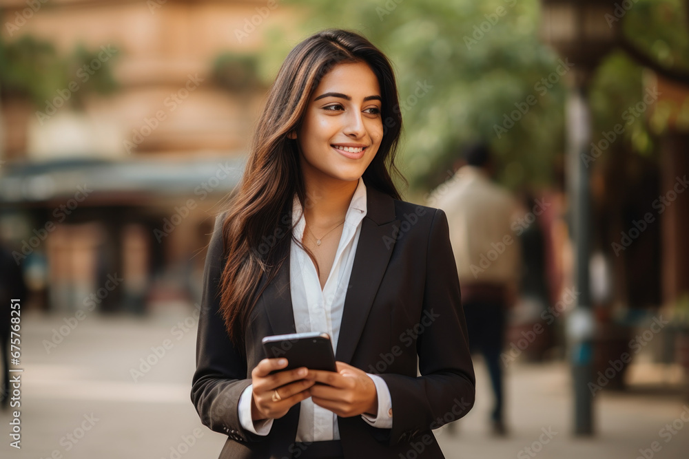 Beautiful Indian business woman with long black hair She wears a business suit. Smiling and holding a mobile phone in hand Beautiful Indian business woman with long black hair She wears a business suit. Smiling and holding a mobile phone in hand