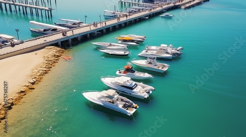  Pier speedboats.This is usually the most popular tourist attractions on the beach.Yacht and sailboat is moored at the quay. Aerial view by drone. A marina lot. A sunny day © Emil