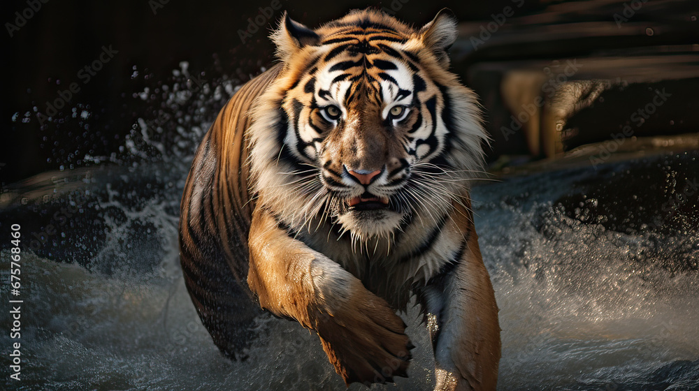 Tiger leaping through a waterfall, capturing the essence of agility and strength Ai Generative

