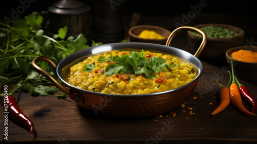 Indian dhal with red lentils garnished with coriander.
