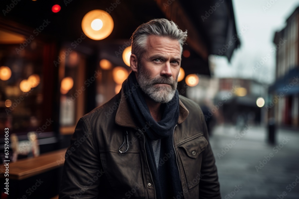 Portrait of a handsome mature man with gray hair and beard in a leather jacket on a city street Portrait of a handsome mature man with gray hair and beard in a leather jacket on a city street