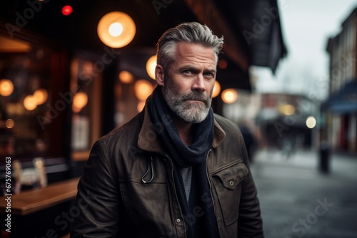 Portrait of a handsome mature man with gray hair and beard in a leather jacket on a city street
