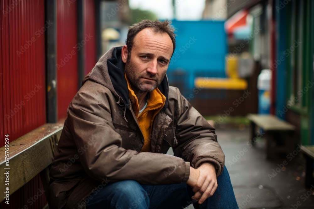 Portrait of a middle-aged man sitting on a bench in the city Portrait of a middle-aged man sitting on a bench in the city