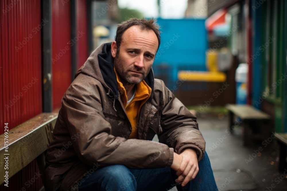 Portrait of a middle-aged man sitting on a bench in the city