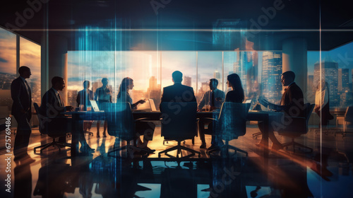 Group of business people silhouettes in modern office building and business network concept. Human resources. group of business people Management strategy photo