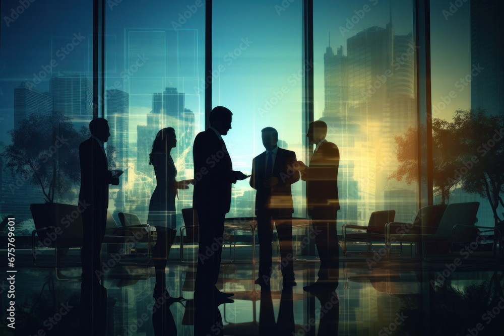 Group of business people silhouettes in modern office building and business network concept. Human resources. group of business people Management strategy