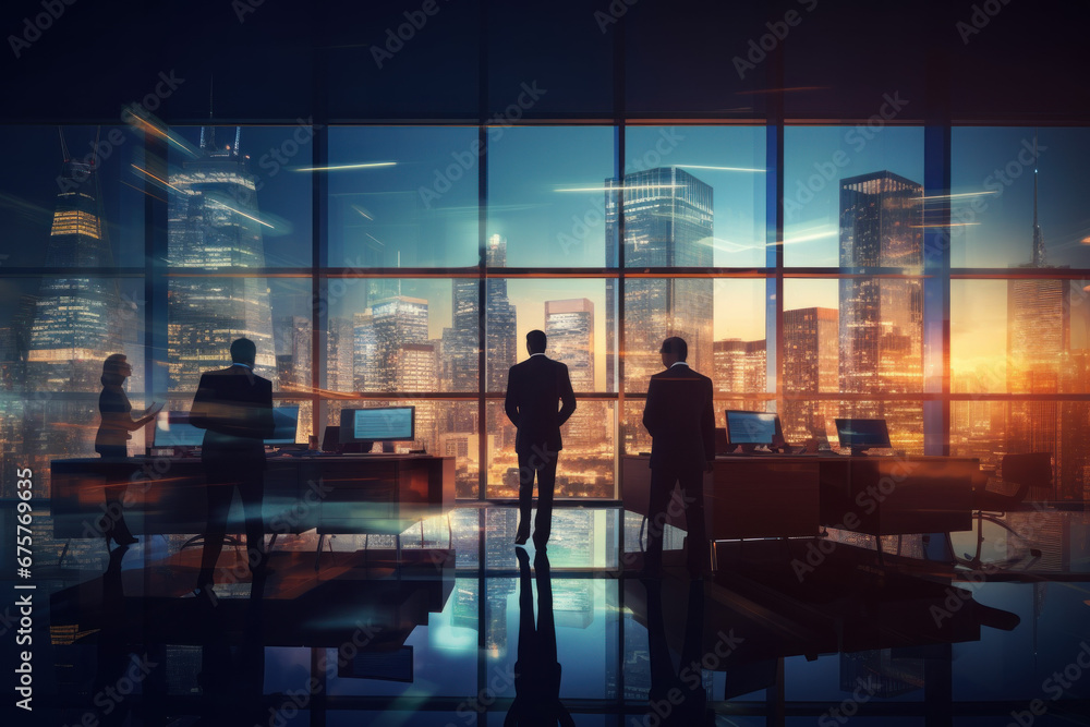 Group of business people silhouettes in modern office building and business network concept. Human resources. group of business people Management strategy Group of business people silhouettes in modern office building and business network concept. Human resources. group of business people Management strategy