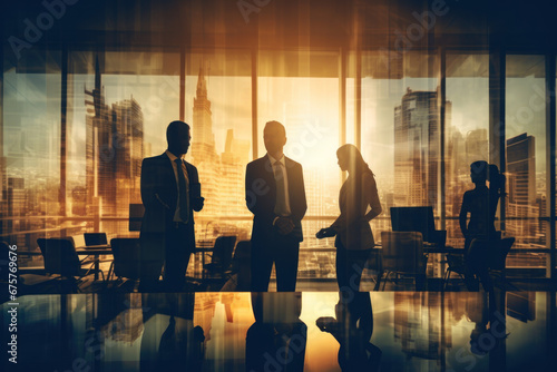 Group of business people silhouettes in modern office building and business network concept. Human resources. group of business people Management strategy
