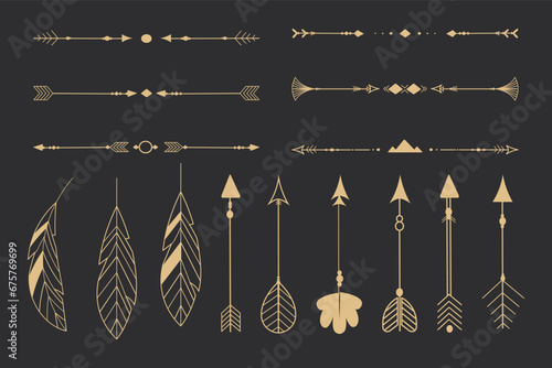 Set golden tribal feathers line art native arrow ethnic indian in doodle style on dark background. Geometric boho elements.