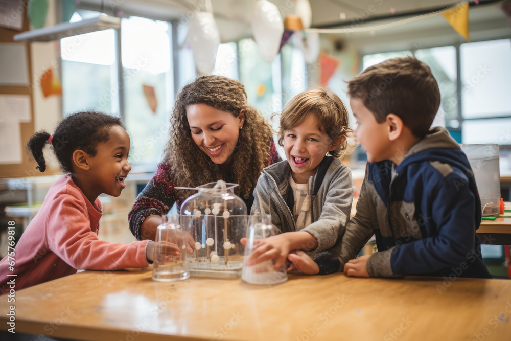 A group of children around a teacher. Collaborative learning and joy of early education. A group of children around a teacher. Collaborative learning and joy of early education.