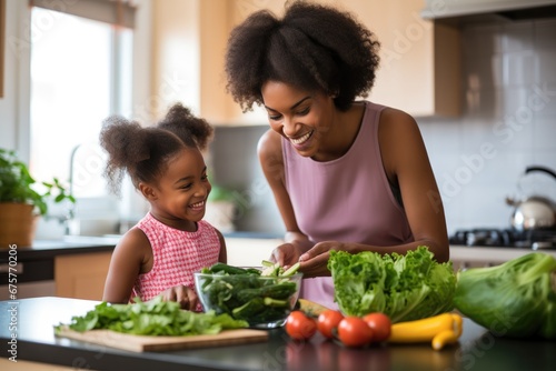 In the kitchen  a parent and child collaborate on preparing a balanced meal that aligns with dietary restrictions. The parent explains the importance of nutrition in managing their health condition