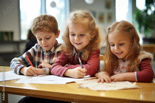 Three children sitting at table and writing at school.