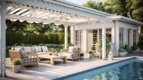 Luxurious Backyard Living Space with Poolside Outdoor Furniture under Pergola