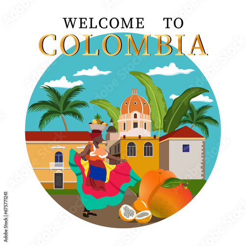 vector on the theme of Colombia. Colombian woman in national costume, exotic fruits. Banner for tourism. welcome to colombia