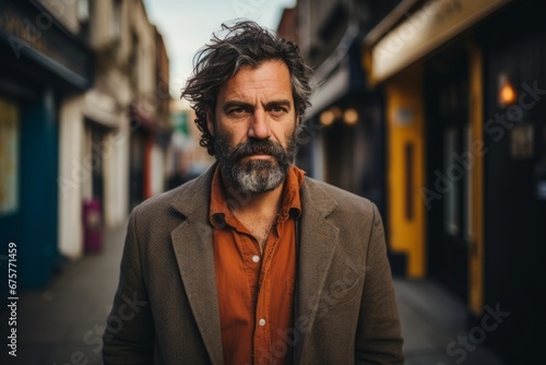 Handsome middle aged man with long grey hair and beard, wearing a brown coat, standing in a narrow street in London.