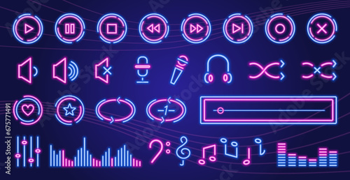 Neon glowing music icons, audio, sound, records, music players and music keys signs and symbols, user interface digital design elements and buttons. Vector illustration.