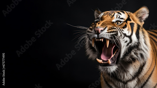 Angry tiger roaring ready to attack isolated on gray background © pariketan