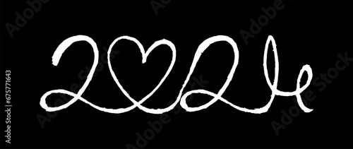 White  2024 one line art on black background, hand drawn continuous contour. Holiday concept, festive lettering. New year handwriting text, sketch style, minimalist design. Editable stroke. Isolated. 