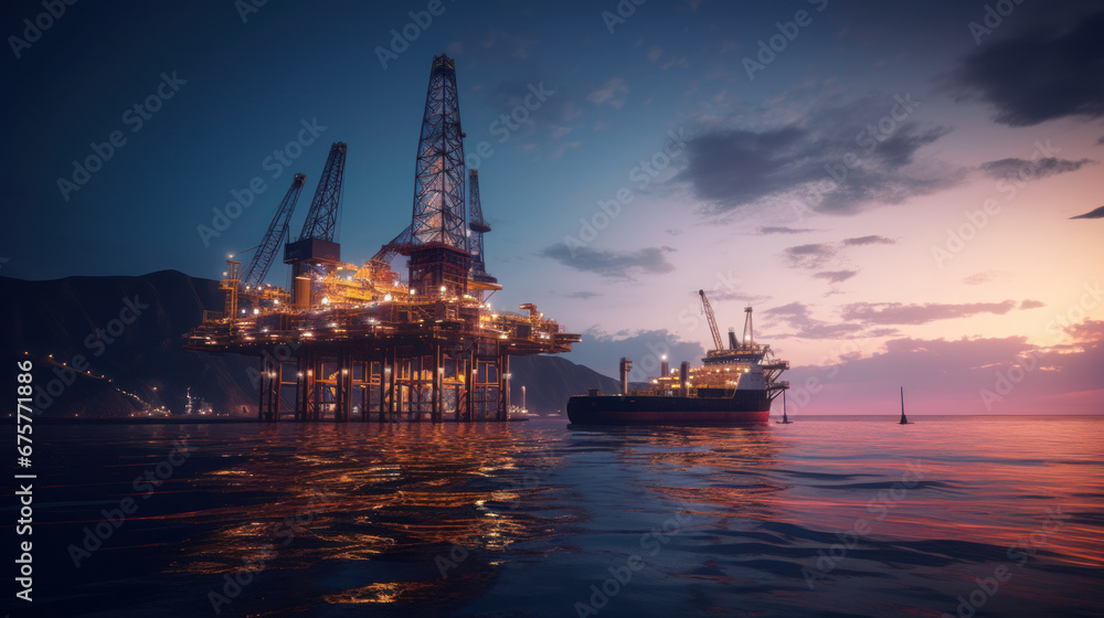 Oil drilling rig in the middle of the sea sunset time